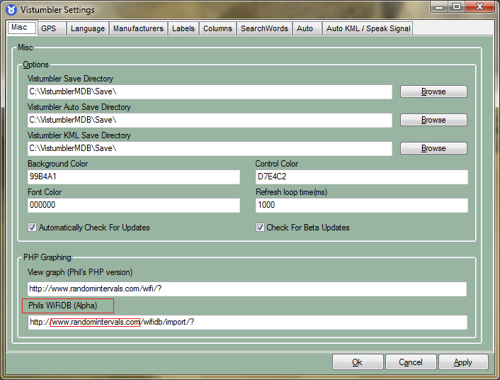 settings window in Vistumbler to change URL of WiFiDB and Graphing server