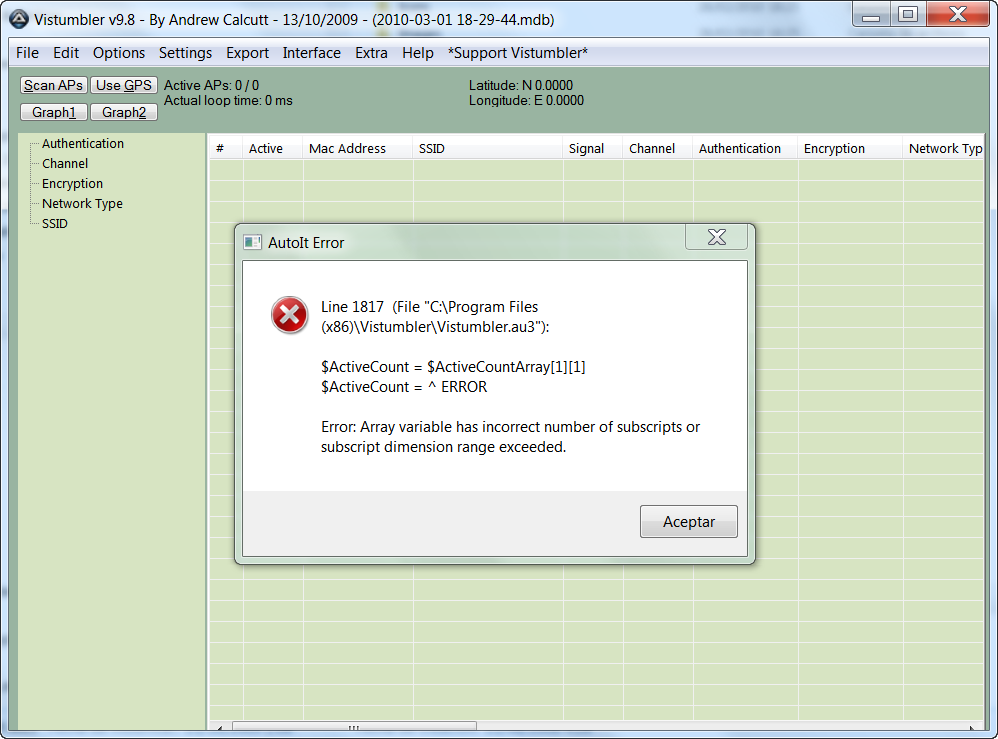 01 03 10 Vistumbler error after installed AutoIt without native x64 tools.png
